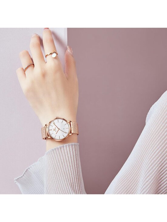Women\'s Rose Gold Mesh Stainless Steel Slim Thin Waterproof Luxury Wrist Watch